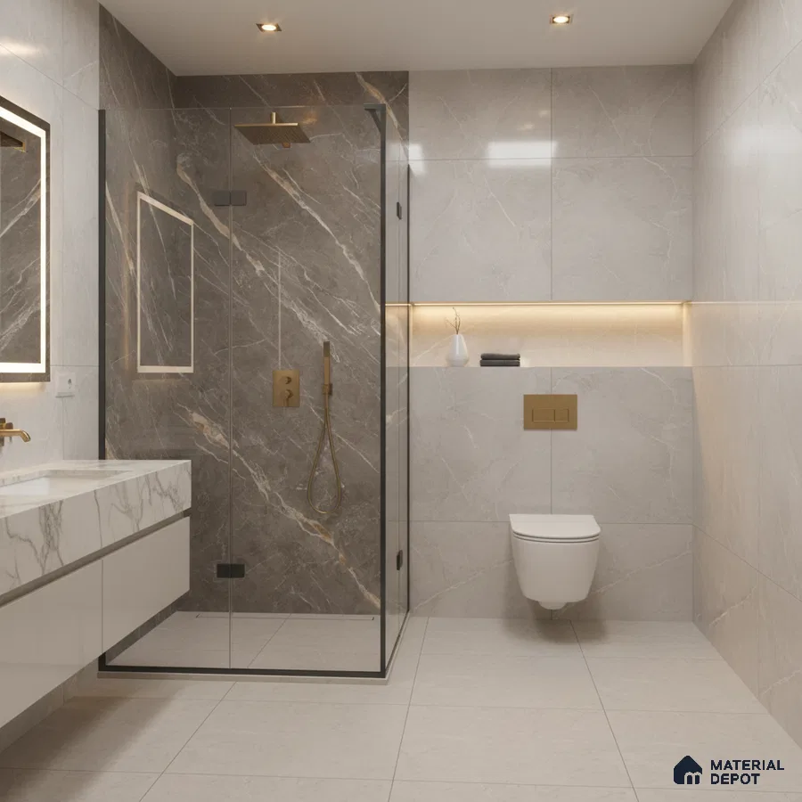Modern bathroom with grey marble wall tiles, white marble vanity, and gold fixtures | Material Depot