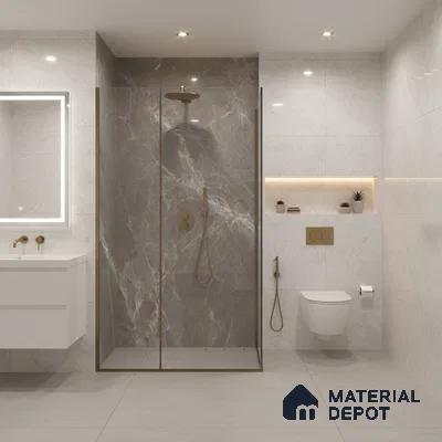 Modern bathroom with grey marble wall tiles, white marble wall tiles, and matte beige floor tiles | Material Depot