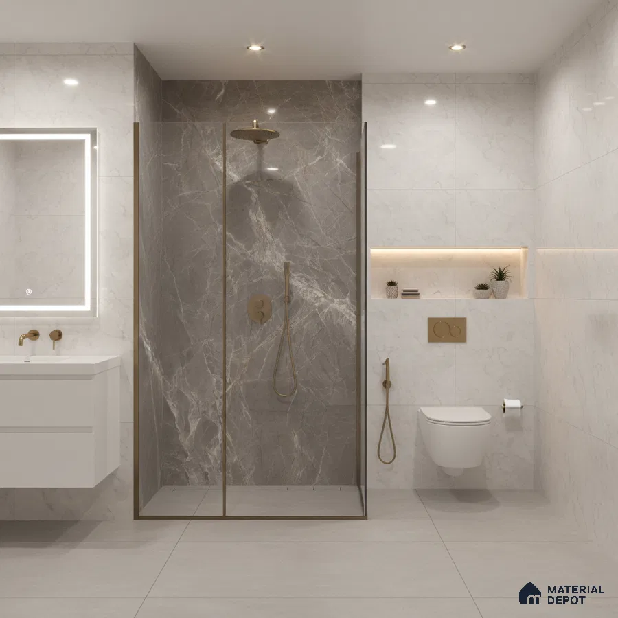 Modern bathroom with grey marble wall tiles, white marble wall tiles, and matte beige floor tiles | Material Depot