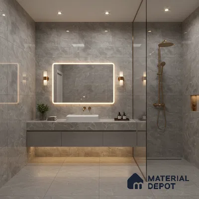 Modern bathroom with grey marble-look tiles and floating vanity | Material Depot
