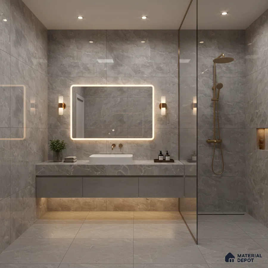 Modern bathroom with grey marble-look tiles and floating vanity | Material Depot