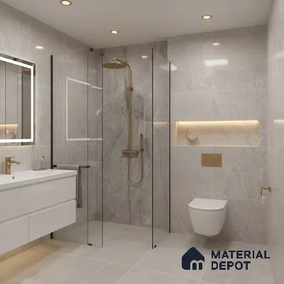Modern bathroom with grey marble-look tiles and floating white vanity | Material Depot