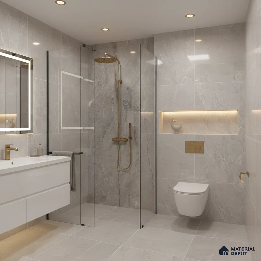 Modern bathroom with grey marble-look tiles and floating white vanity | Material Depot