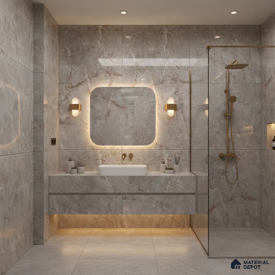 Modern bathroom with grey marble-look wall and floor tiles and floating vanity | Material Depot