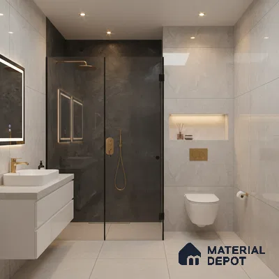 Modern bathroom with grey marble-look wall and floor tiles, black stone shower wall, and floating white vanity | Material Depot