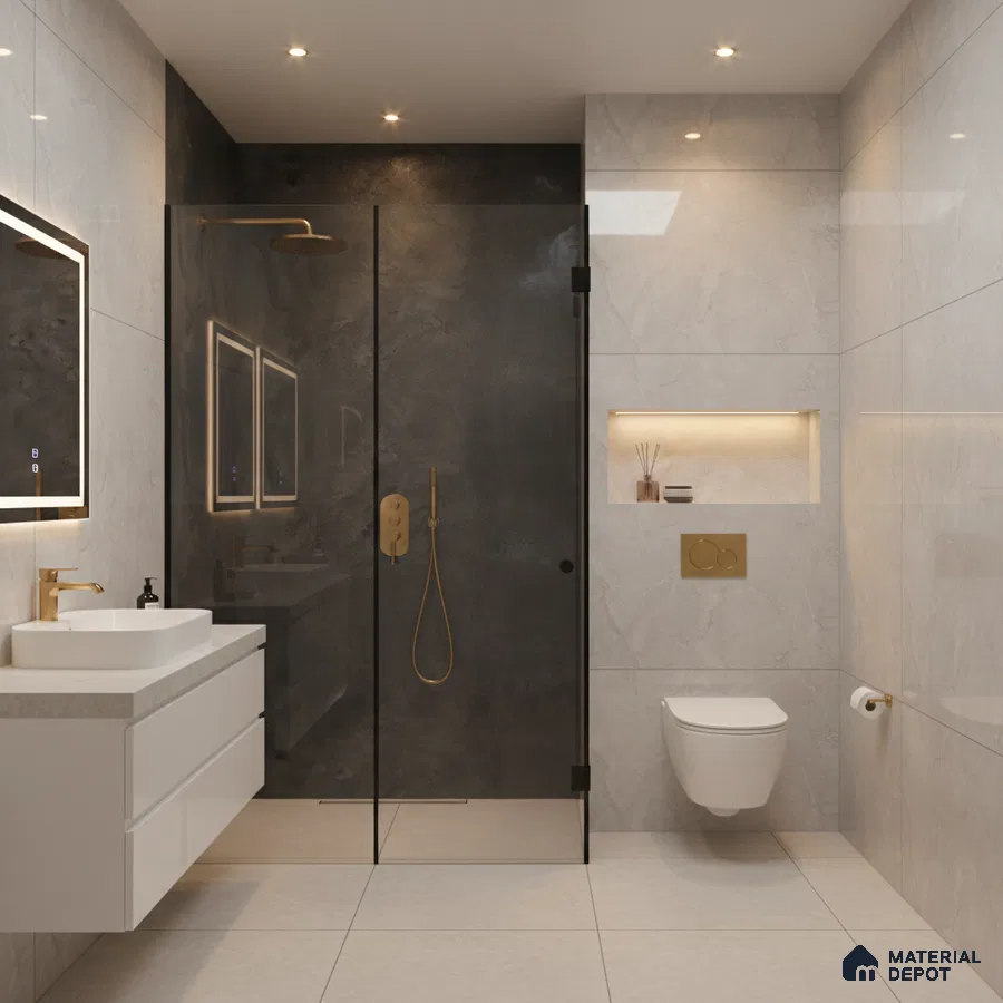 Modern bathroom with grey marble-look wall and floor tiles, black stone shower wall, and floating white vanity | Material Depot