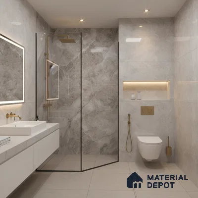 Modern bathroom with grey marble-look wall tiles and beige floor tiles | Material Depot