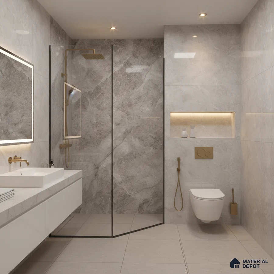 Modern bathroom with grey marble-look wall tiles and beige floor tiles | Material Depot