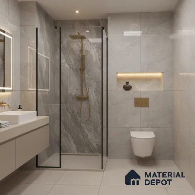 Modern bathroom with grey marble-look wall tiles and beige floor tiles | Material Depot