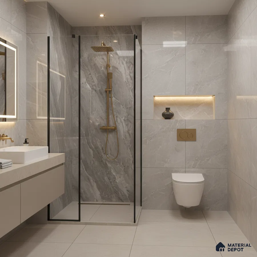 Modern bathroom with grey marble-look wall tiles and beige floor tiles | Material Depot