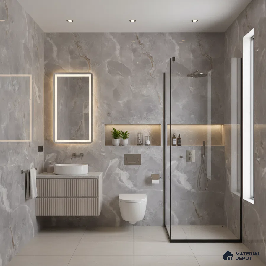 Modern bathroom with grey marble-look wall tiles and beige fluted vanity | Material Depot