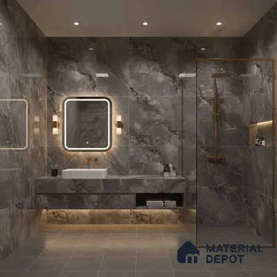 Modern bathroom with grey marble-look wall tiles and matte grey floor tiles | Material Depot