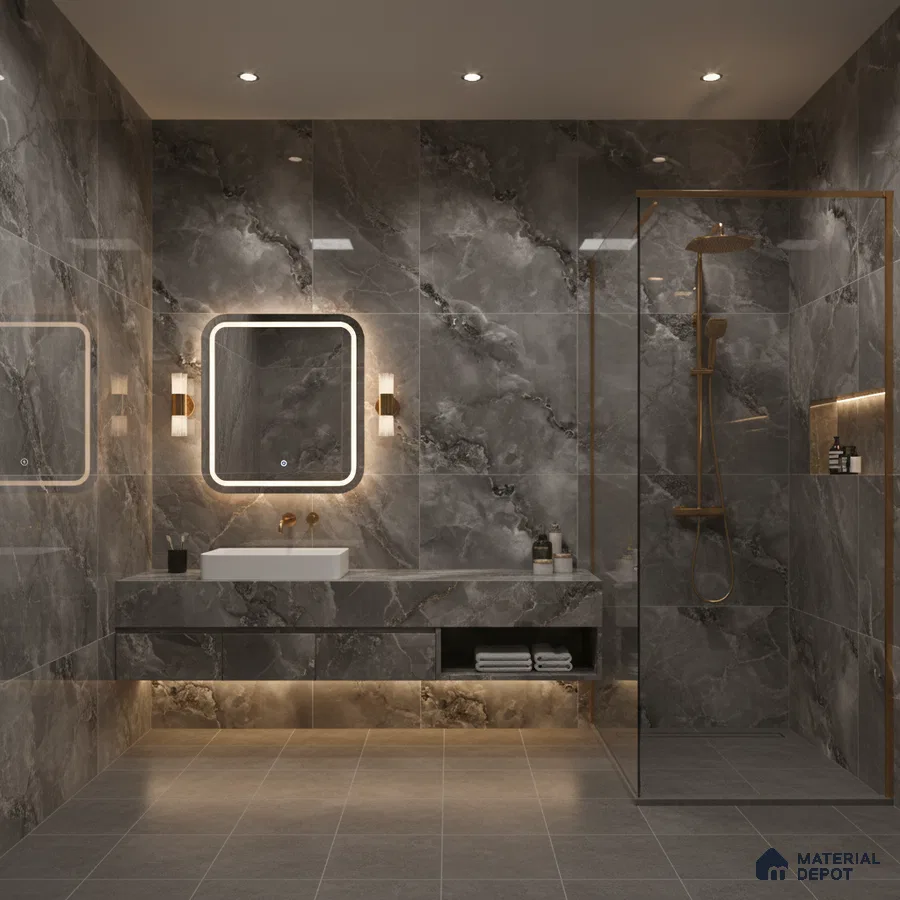 Modern bathroom with grey marble-look wall tiles and matte grey floor tiles | Material Depot