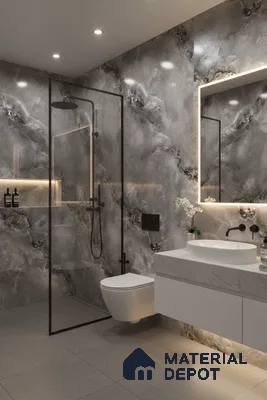 Modern bathroom with grey marble-look wall tiles and matte grey floor tiles | Material Depot