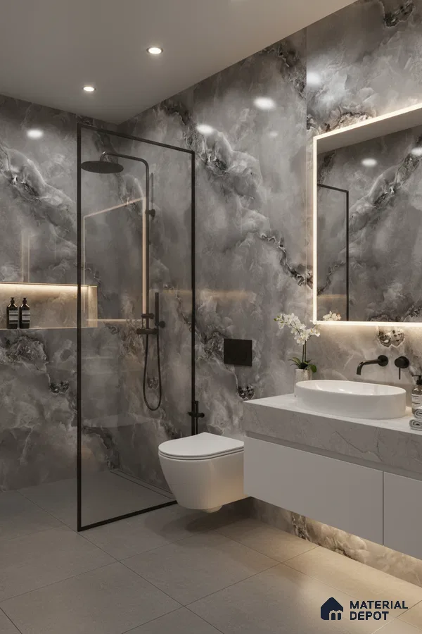 Modern bathroom with grey marble-look wall tiles and matte grey floor tiles | Material Depot