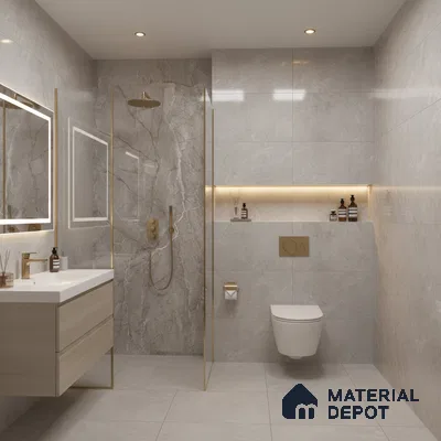 Modern bathroom with grey marble-look wall tiles, beige floating vanity, and gold accents | Material Depot