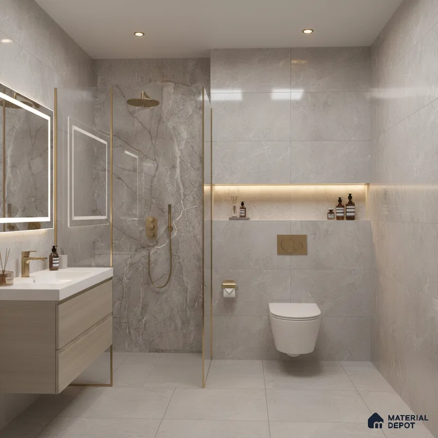 Modern bathroom with grey marble-look wall tiles, beige floating vanity, and gold accents | Material Depot