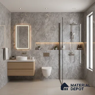 Modern bathroom with grey marble-look wall tiles, beige floor tiles, and floating wood vanity | Material Depot