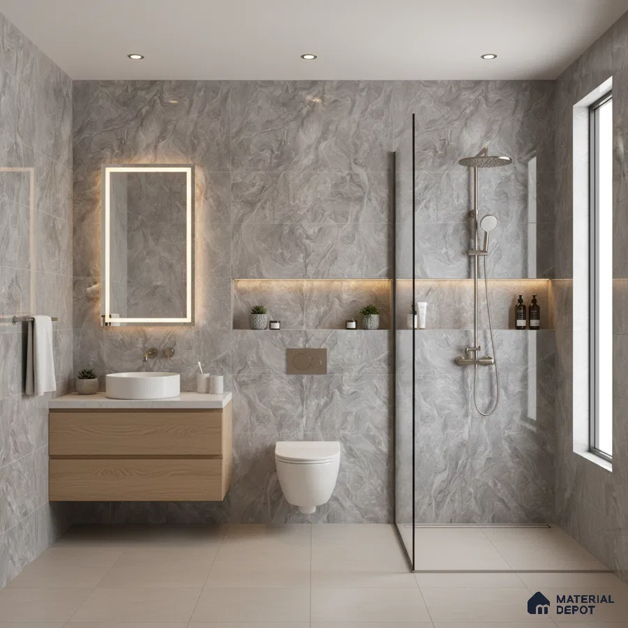Modern bathroom with grey marble-look wall tiles, beige floor tiles, and floating wood vanity | Material Depot