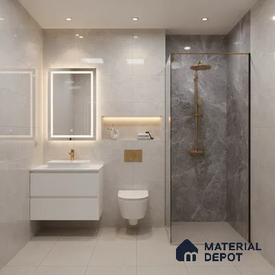 Modern bathroom with grey marble-look wall tiles, beige floor tiles, and gold fixtures | Material Depot