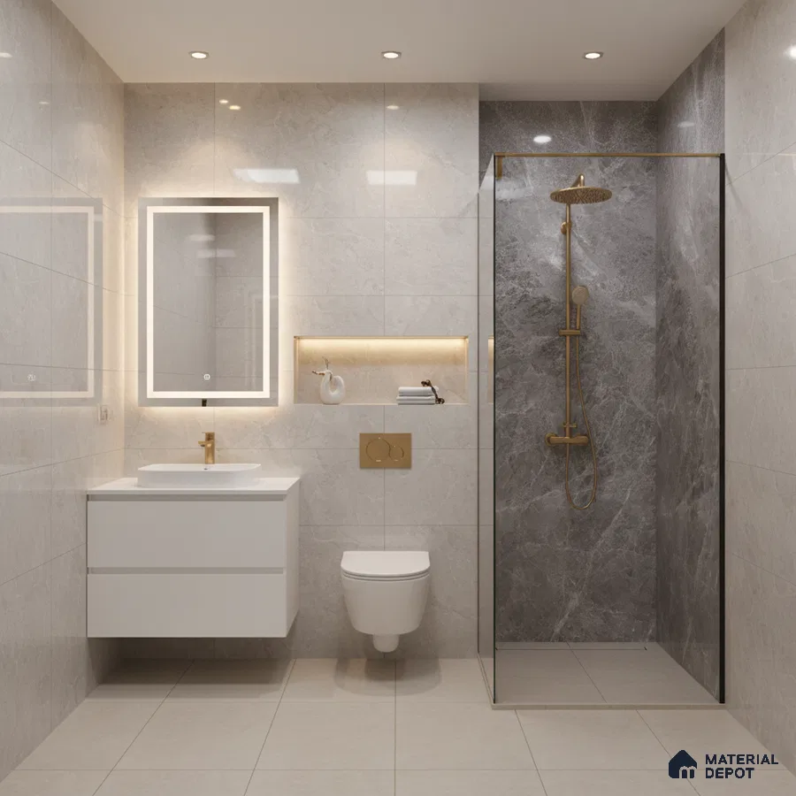 Modern bathroom with grey marble-look wall tiles, beige floor tiles, and gold fixtures | Material Depot