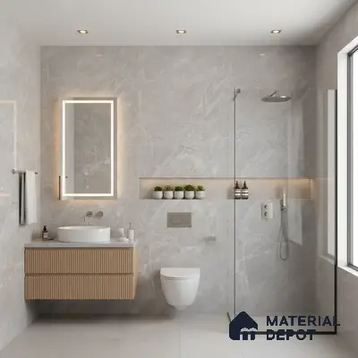 Modern bathroom with grey marble-look wall tiles, fluted wood vanity, and glass shower partition | Material Depot