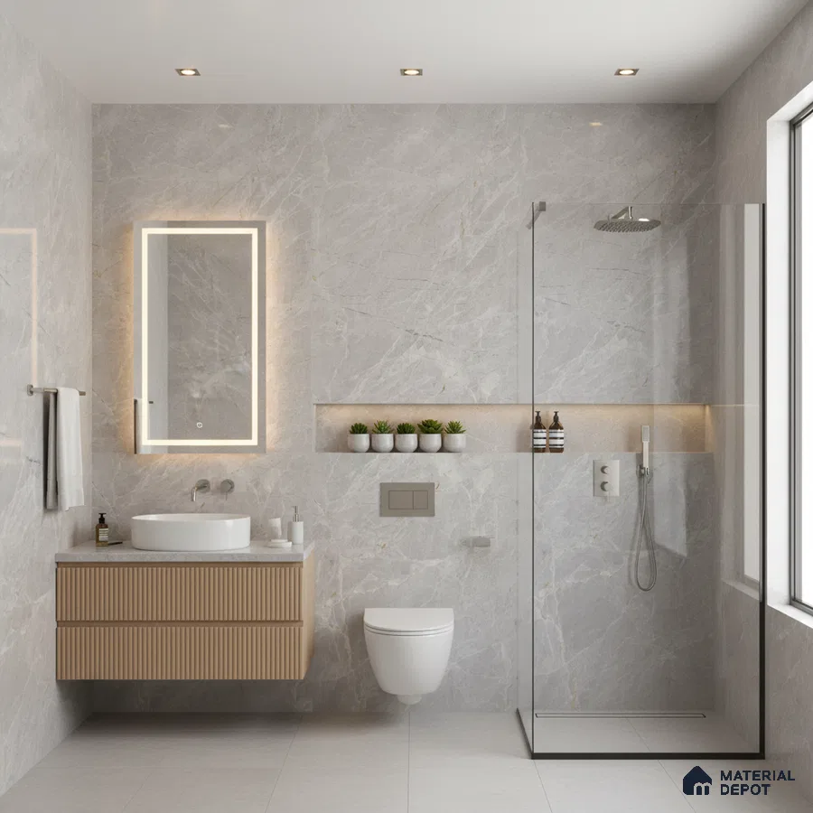 Modern bathroom with grey marble-look wall tiles, fluted wood vanity, and glass shower partition | Material Depot