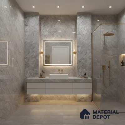 Modern bathroom with grey marble-look wall tiles, matte grey floor tiles, and floating vanity | Material Depot