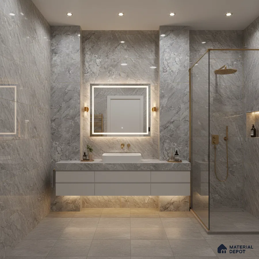Modern bathroom with grey marble-look wall tiles, matte grey floor tiles, and floating vanity | Material Depot