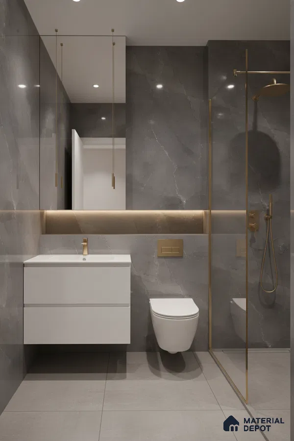 Modern bathroom with grey marble-look wall tiles, matte grey floor tiles, and gold accents | Material Depot