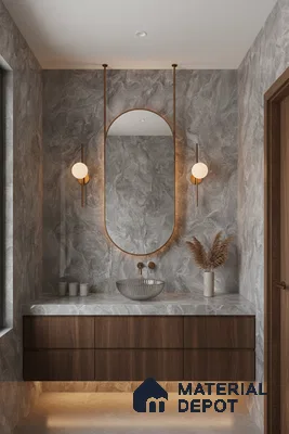 Modern bathroom with grey marble-look wall tiles, walnut brown floating vanity, and fluted glass basin | Material Depot