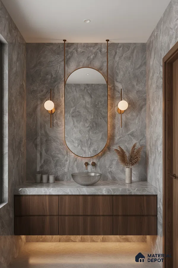 Modern bathroom with grey marble-look wall tiles, walnut brown floating vanity, and fluted glass basin | Material Depot