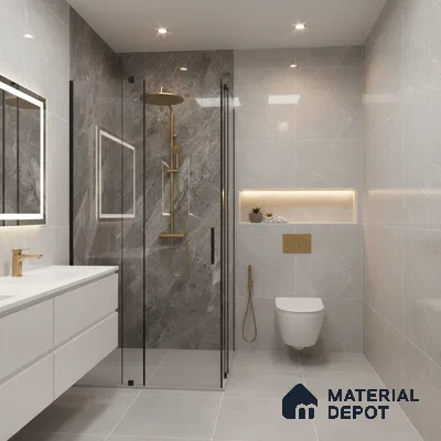 Modern bathroom with grey marble-look wall tiles, white floating vanity, and gold fixtures | Material Depot