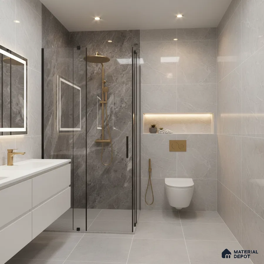 Modern bathroom with grey marble-look wall tiles, white floating vanity, and gold fixtures | Material Depot