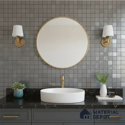 Modern bathroom with grey mosaic wall tiles and black marble countertop