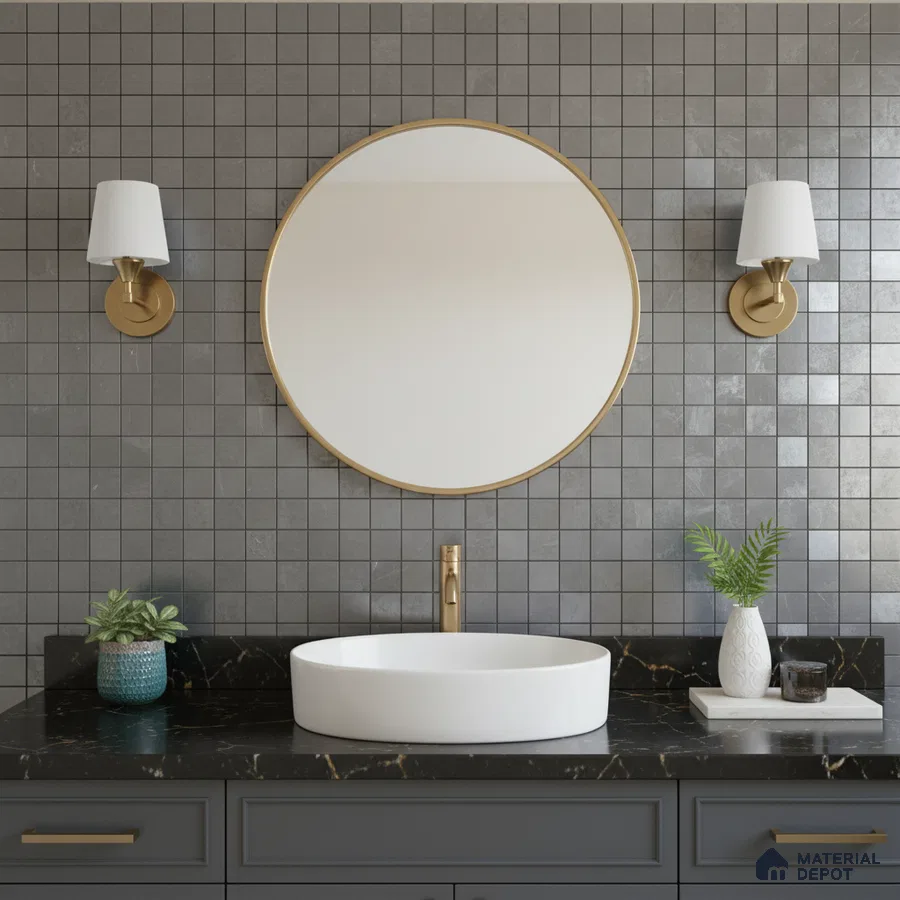 Modern bathroom with grey mosaic wall tiles and black marble countertop