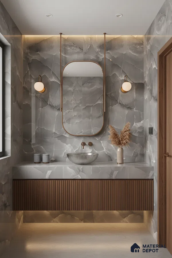 Modern bathroom with grey onyx marble-look tiles and fluted walnut vanity | Material Depot