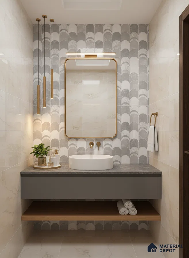 Modern bathroom with grey scallop patterned wall tiles and beige marble-look wall tiles | Material Depot