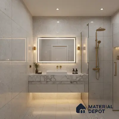 Modern bathroom with grey stone wall tiles and white marble vanity | Material Depot