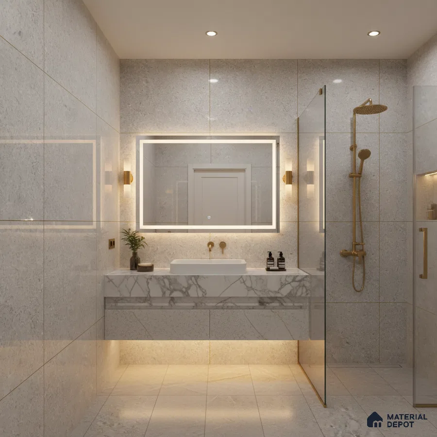 Modern bathroom with grey stone wall tiles and white marble vanity | Material Depot