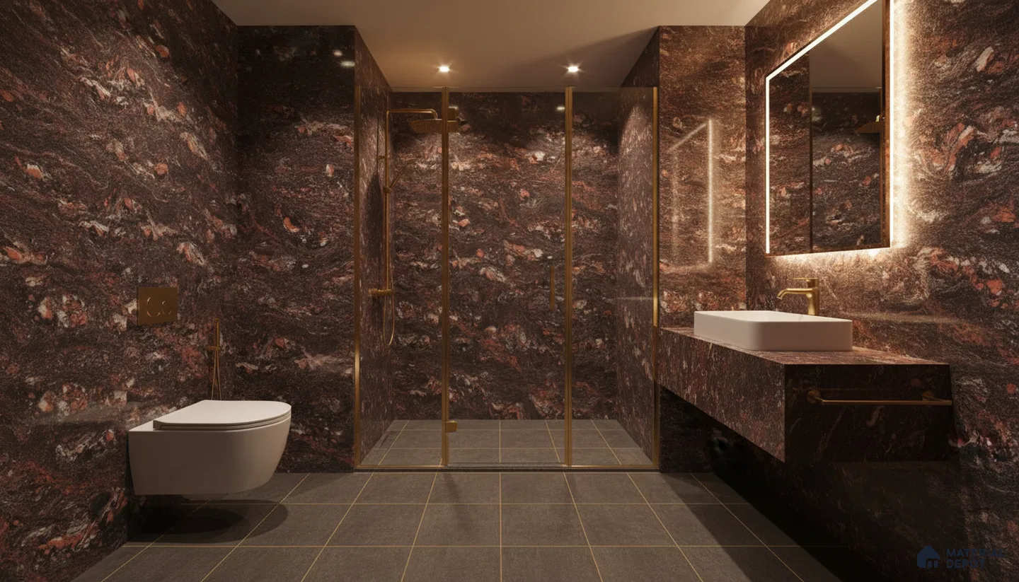 Modern bathroom with heavy vein brown marble wall tiles and matte grey floor tiles | Material Depot