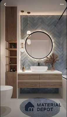 Modern Bathroom with Herringbone Tile Accent Wall | Material Depot