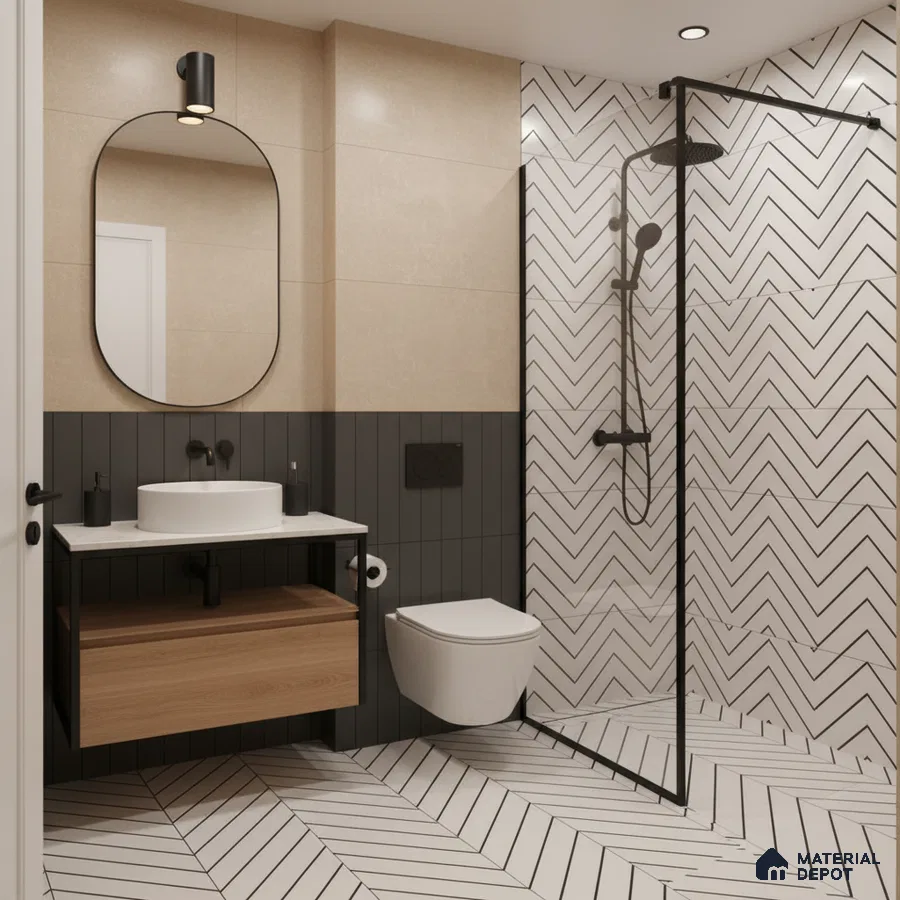 Modern bathroom with herringbone white and black wall and floor tiles, beige wall tile, and wood vanity in Bengaluru | Material Depot