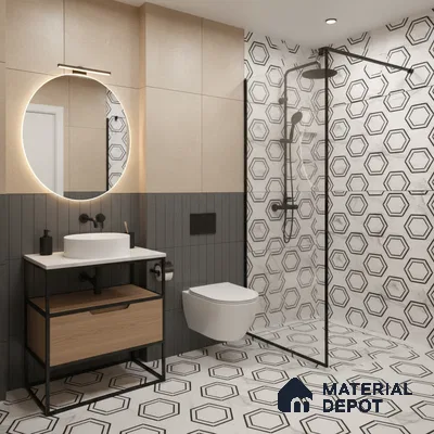 Modern bathroom with hexagonal geometric tiles, beige wall panels, and black-framed glass shower in Bengaluru | Material Depot