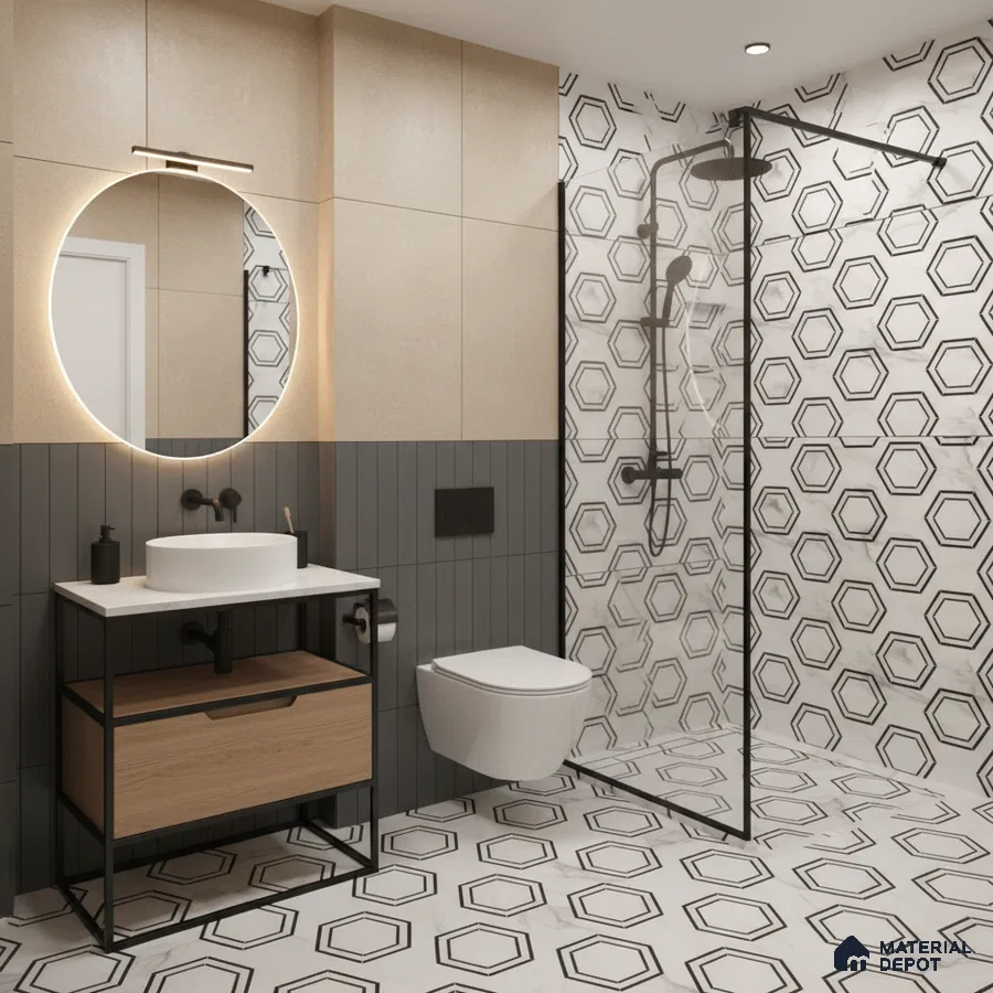 Modern bathroom with hexagonal geometric tiles, beige wall panels, and black-framed glass shower in Bengaluru | Material Depot