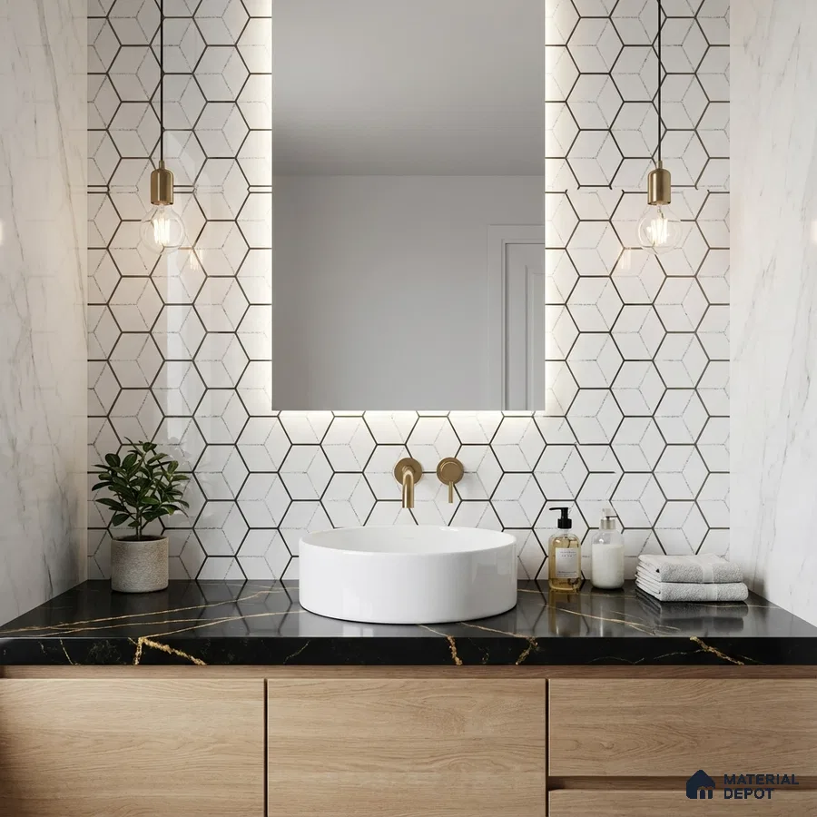 Modern bathroom with hexagonal white wall tiles, black marble countertop, and light oak laminate vanity