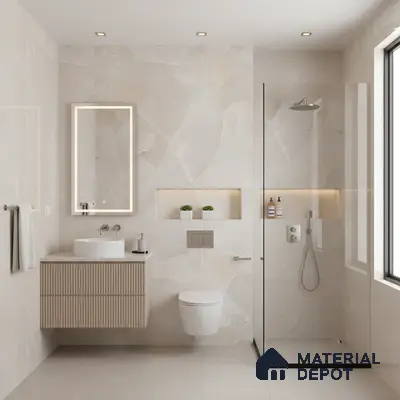 Modern bathroom with ivory marble-look wall tiles, fluted wood vanity, and minimalist glass shower partition | Material Depot