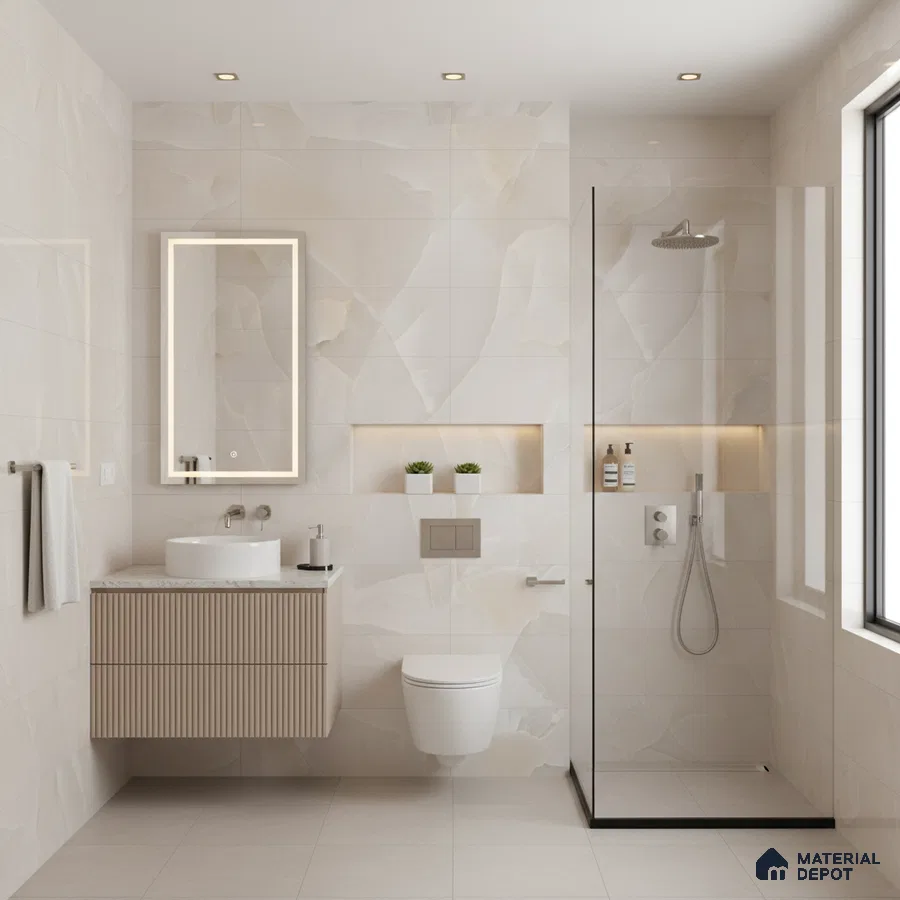 Modern bathroom with ivory marble-look wall tiles, fluted wood vanity, and minimalist glass shower partition | Material Depot