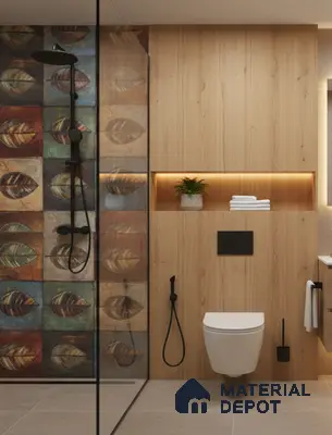 Modern bathroom design with leaf patterned highlighter wall tiles and light oak wood wall panels in Bengaluru | Material Depot