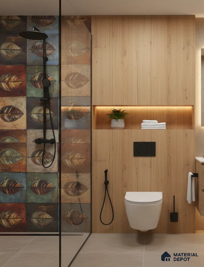 Modern bathroom design with leaf patterned highlighter wall tiles and light oak wood wall panels in Bengaluru | Material Depot